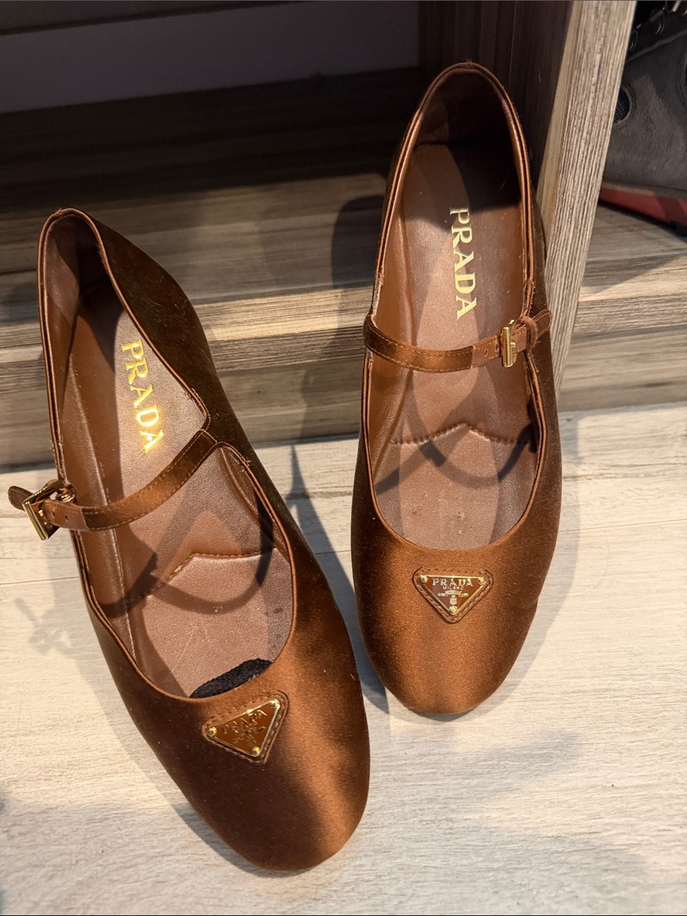 Prada Brown Satin Mary Jane Flats with Gold Logo